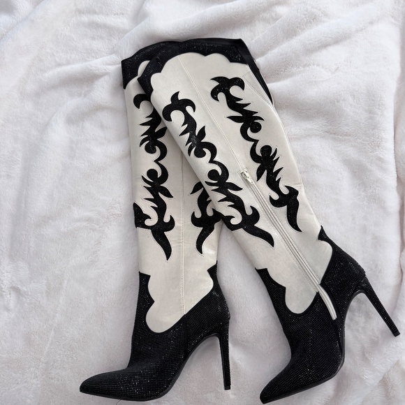 INC Womens Iresa Embellished Cowboy, Western Boots Ivory - Picture 2 of 9